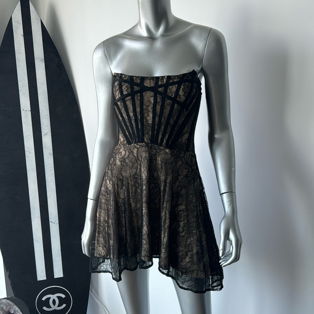 Sexy strapless Black with nude underlay lace dress